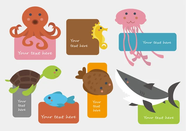 海の動物漫画のメモのカードのセット — ストックベクタ