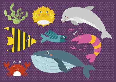 sevimli çizgi deniz deniz hayvanları dijital clip art clipart ayarla - scrapbooking için kart