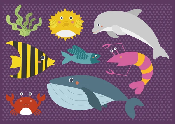 Cute Cartoon Marine Sea Animals Digital Clip Art Clipart Set - Per Scrapbooking, Carta — Vettoriale Stock