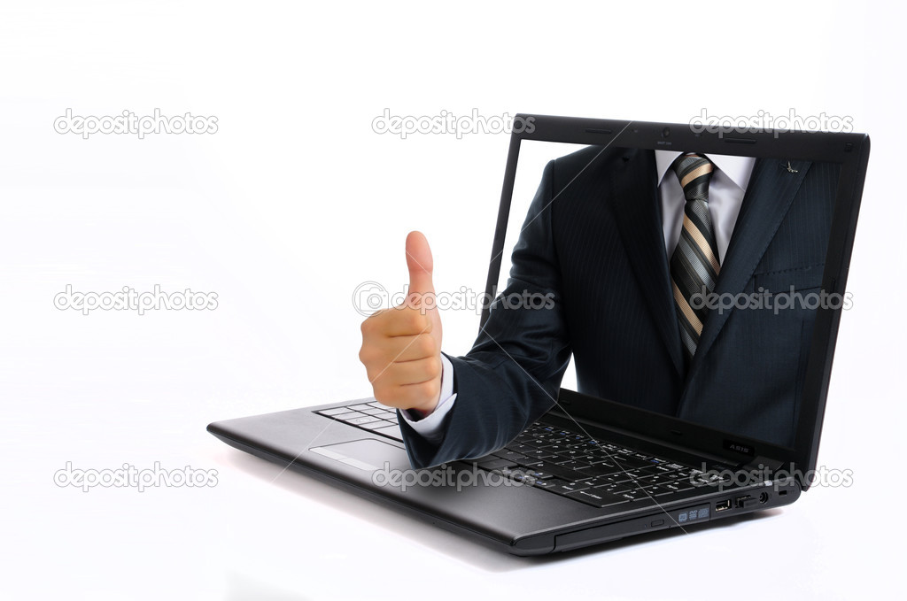 Successful business man holding his thumbs up online