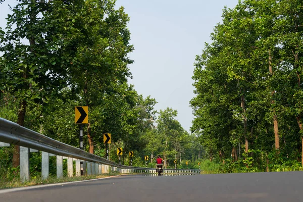 Чоловіки Їздять Мотоциклі Дорозі Прямо Поверніть Сигнальну Пошту Індійських Джунглях — стокове фото