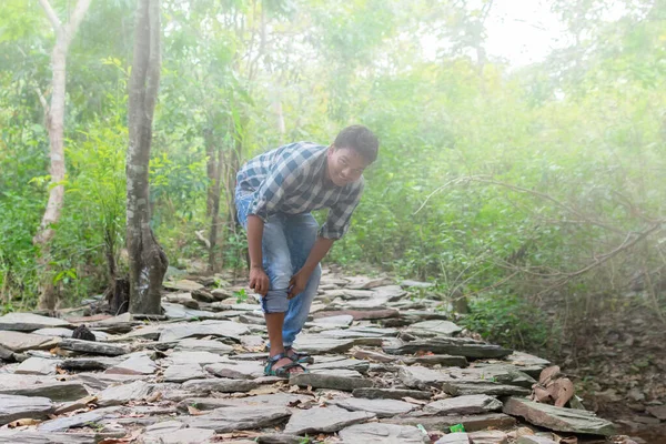 Fiatal Indiai Férfi Aki Egyedül Fedezi Fel Ködös Hegyi Erdőt — Stock Fotó