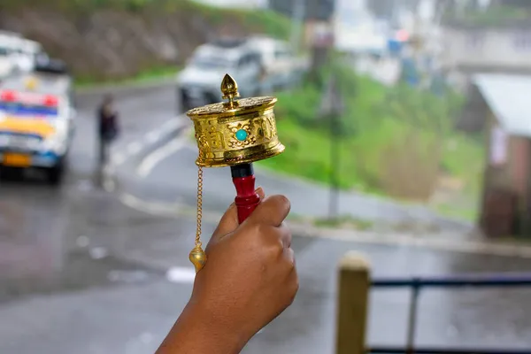 Roue Prière Bouddhiste Tibétaine Tenue Main Lava Bengale Occidental Inde — Photo