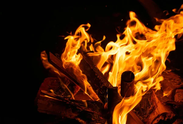 Barbekü için hazır bir sürü ağacı olan sıcak bir şömine. Kamp ateşinin yakın plan fotoğrafı..