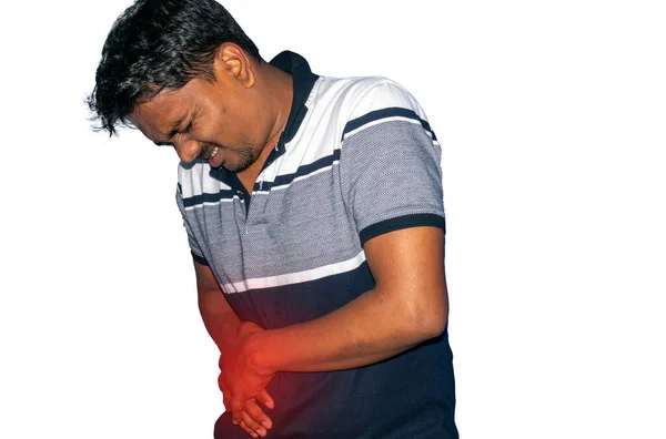 Böbrek Karaciğer Ağrısı Hintli Adam Belini Tutuyor Tıbbi Konsept — Stok fotoğraf