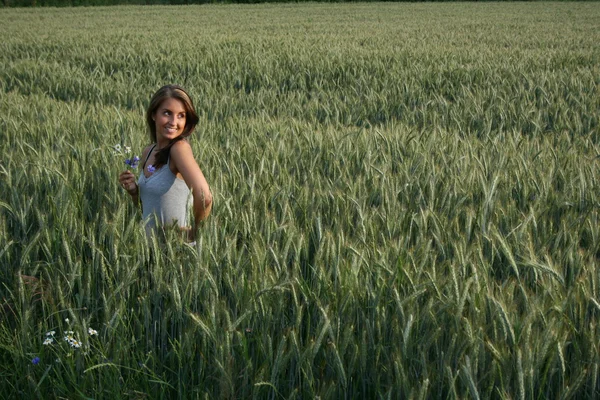 Woman in a wheat field on a summer evening — Stock Photo, Image