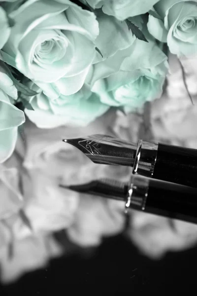 Rosor och fontän penna — Stockfoto