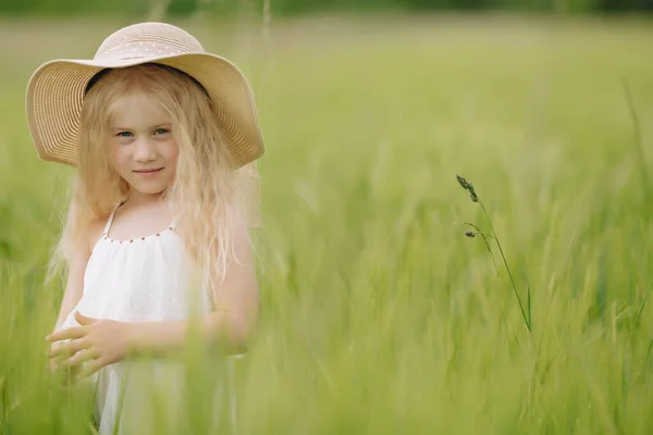 Adorável Menina Brincando Campo Trigo Dia Quente Verão — Fotografia de Stock