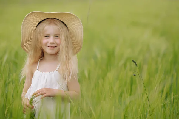 Чарівна Маленька Дівчинка Грає Пшеничному Полі Теплий Літній День — стокове фото