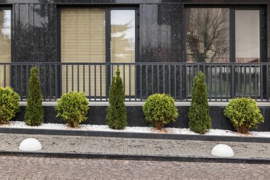 Modern bir evin arka planında peyzaj işlerinde yarımküreler ve haydutlar var..