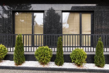 Ofisin önündeki sokakta, modern bir evin arka planında peyzaj işinde bir sürü haydut var..