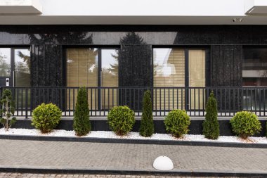 Modern bir evin arka planında peyzaj işlerinde yarımküreler ve haydutlar var..