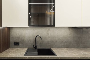 Stüdyo mutfağında lavabo. Oturma odasında moda mobilyalar ve mutfak alanında modern detaylar..