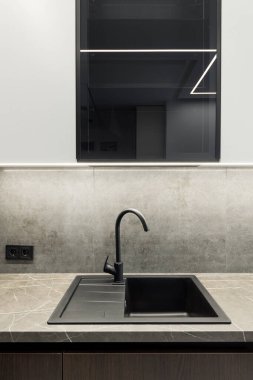 Stüdyo mutfağında lavabo. Oturma odasında moda mobilyalar ve mutfak alanında modern detaylar..