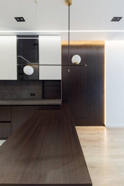 Geniş bir stüdyo mutfağının iç kısmının dikey fotoğrafı. Oturma odasında moda mobilyalar ve mutfak alanında modern detaylar..