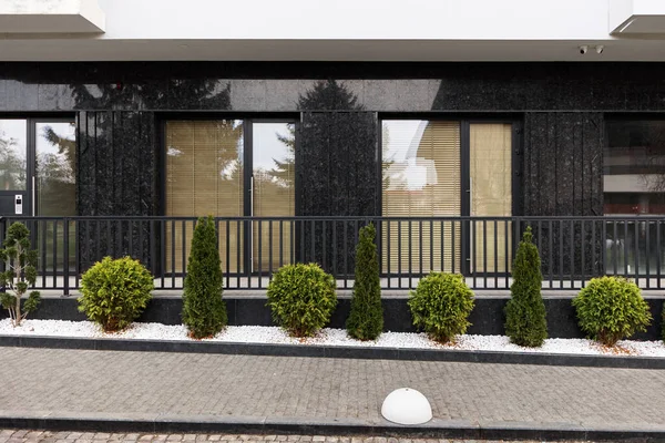 Modern bir evin arka planında peyzaj işlerinde yarımküreler ve haydutlar var..