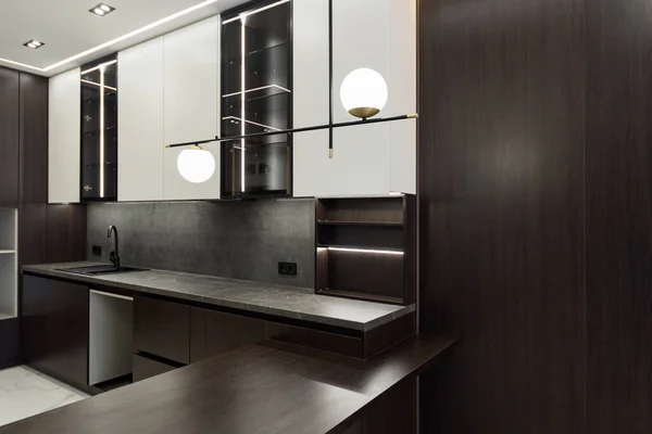Interior Design Spacious Kitchen Studio Trendy Furniture Living Room Modern — стоковое фото