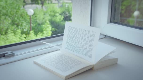 Nyitott ablak az ablakpárkányon fekszik egy nyitott könyv, egy napsugár ragyog az oldalakon — Stock videók