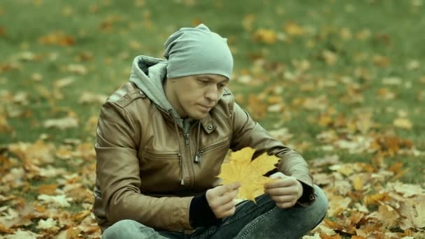 O homem em um chapéu senta-se entre as folhas caídas, olhando para uma folha de bordo amarelada, a melancolia do outono — Vídeo de Stock