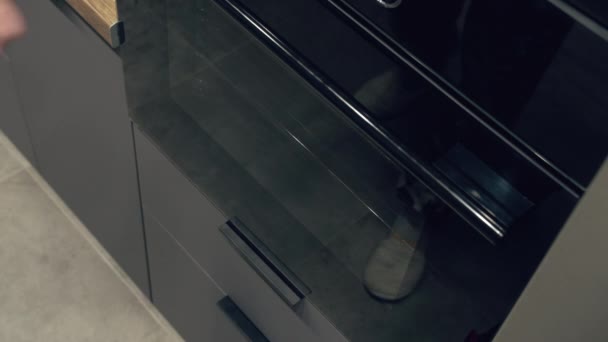 一个男人从烤箱里拿出一张热烘烘的薄片，上面有自制的比萨饼，这是特写 — 图库视频影像