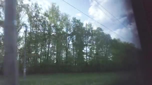 Zicht vanuit het treinraam, reizen op een zonnige dag, bomen buiten het raam — Stockvideo