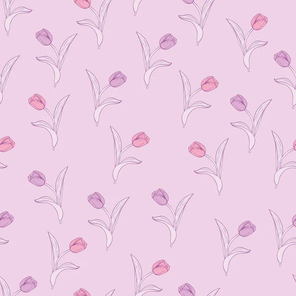 チューリップ紫色の花と葉のシームレスなパターンの背景 自然包装紙やテキスタイルデザイン 手描きの花の美しいプリント — ストックベクタ