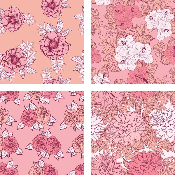 Hermosas Flores Hojas Sin Costuras Conjunto Fondo Patrón Conjunto Diseño — Archivo Imágenes Vectoriales