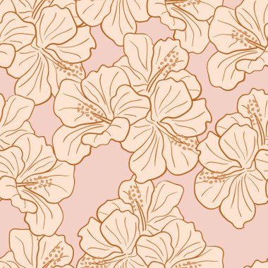 Modern tropikal çiçekler kusursuz desen tasarımı. Hibiscus çiçeği arka planı. Egzotik orman ambalaj kağıdı. El yapımı egzotik bitkilerle güzel bir iz.