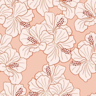 Modern tropikal çiçekler kusursuz desen tasarımı. Hibiscus çiçeği arka planı. Egzotik orman ambalaj kağıdı. El yapımı egzotik bitkilerle güzel bir iz.