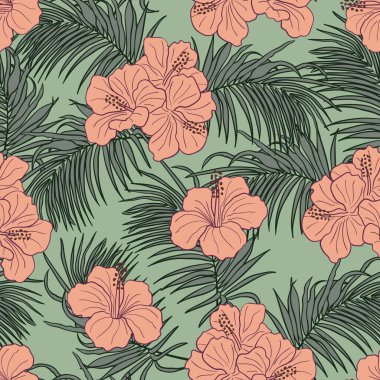 Hibiscus çiçekleri ve arkaplanda iz bırakmaz. Tropikal doğa ambalaj kağıdı ya da tekstil tasarımı. El yapımı egzotik çiçekli güzel bir iz..