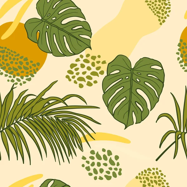 美丽的热带树叶分枝无缝图案设计 热带叶 季风叶无缝花纹背景 时尚的巴西插图 春季夏季时装设计 印刷品 — 图库矢量图片