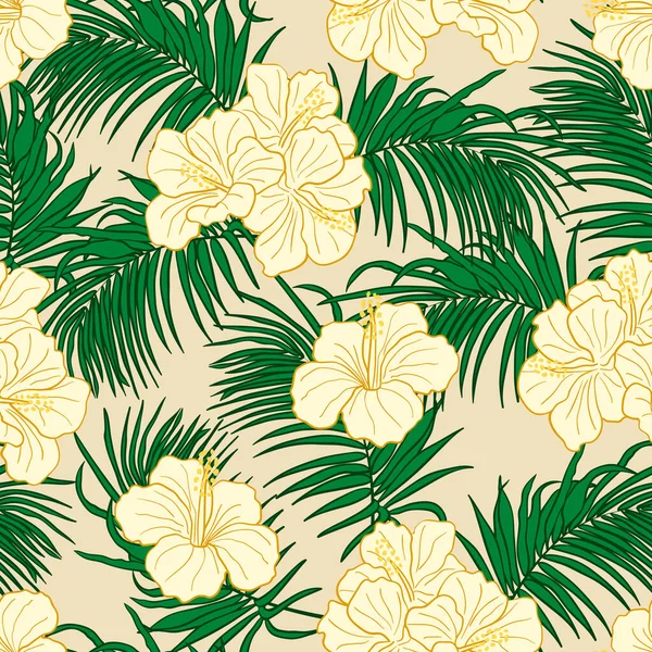 Hibiscus Flores Hojas Sin Costuras Patrón Fondo Papel Envoltura Naturaleza — Vector de stock