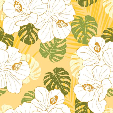 Hibiscus çiçekleri ve arkaplanda iz bırakmaz. Tropikal doğa ambalaj kağıdı ya da tekstil tasarımı. El yapımı egzotik çiçekli güzel bir iz..