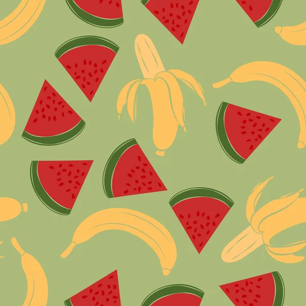Bananas Watermelons Seamless Pattern Background Exotic Jungle Wrapping Paper Beautiful — 图库矢量图片
