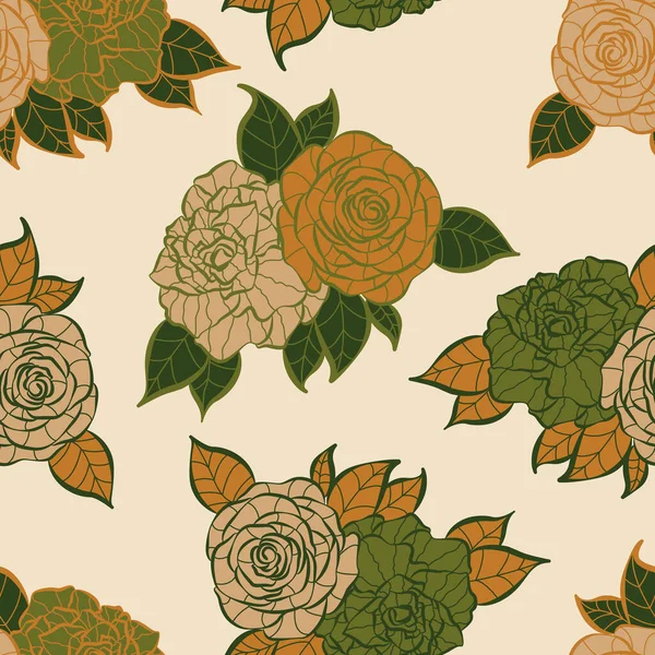 現代の熱帯バラの花のシームレスなパターンデザイン 春の花や葉とシームレスなパターン 手描きの背景 壁紙や布の花柄 植物性タイル — ストックベクタ