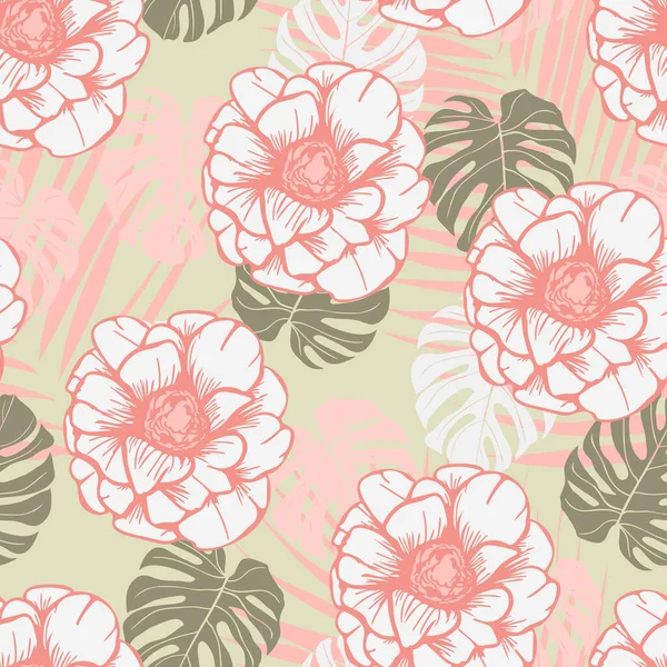Moderne Tropische Rosenblüten Mit Nahtlosem Muster Nahtloses Muster Mit Frühlingsblumen — Stockvektor