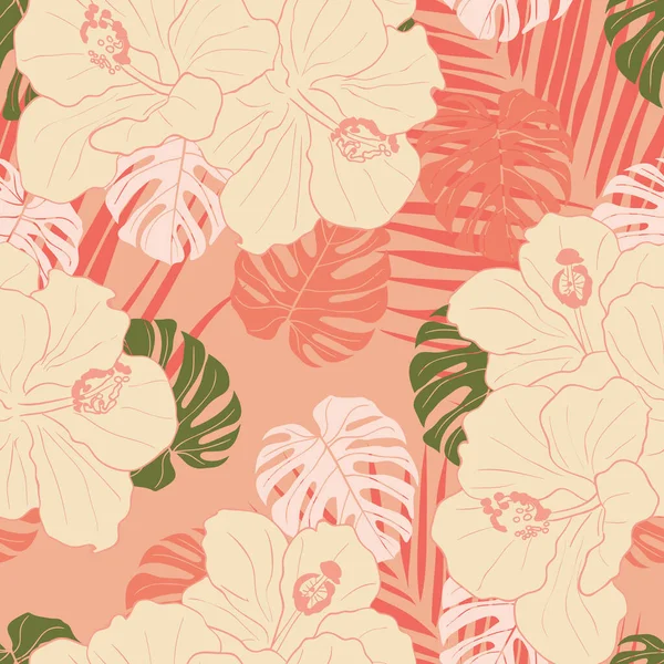 Hibiscus Květiny Zanechává Bezešvé Vzor Pozadí Tropická Příroda Balicí Papír — Stockový vektor