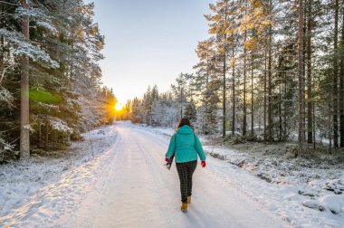 Karlarla kaplı ağaçların sakin manzarası kar yığınları ve güzel günbatımı. Siyah ceketli güzel bir kadın Sihirli Kış Ormanı 'nda yürüyor. Bulutlu gökyüzü ile doğal manzara. 