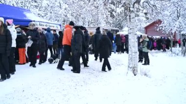 Umea, İsveç - 05 Aralık 2021 Geleneksel Noel pazarı ana pazar meydanında. Dükkanların arasında yürüyen mutlu insanlar el yapımı hediyeler, tatlılar, yemekler, oyuncaklar ve hediyelik eşyalar arıyorlar.