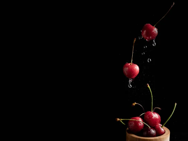 Popsicle Fresh Cherries Dark Background Dynamic Shot Action Splash Water — Stock Photo, Image