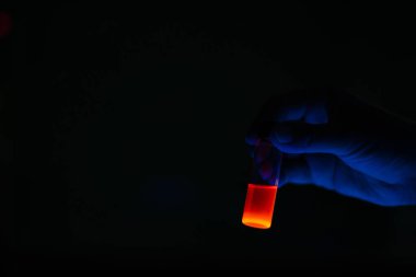 Bir kadın araştırmacı, organik bir laboratuvarda floresan cam şişeleri tutuyor. Bir fotokopi alanı siyah arka planı. Tıbbi Kimya Laboratuvarı.