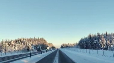 4K süratle karla kaplı yolda bir gezinti. Çam ağaçlarının tepesinde açık gökyüzü ışığı. Kış manzarasında araba sürüşünün hipersürat kamerası görüntüsü.