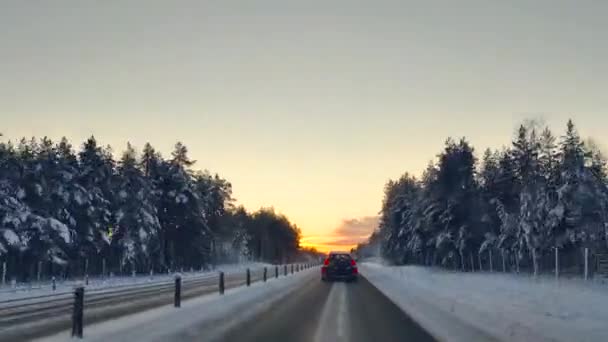 在4K时差的情况下在白雪覆盖的路上开车 清澈的天空 阳光普照在松树顶上 冬季景观下汽车驾驶的超差凸轮视图 — 图库视频影像