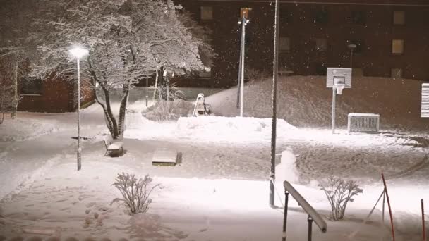 Spokojne Opady Śniegu Wideo Terenie Gminy Gałęziami Drzew Wokół Podczas — Wideo stockowe