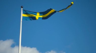 Swedish flags waving with the wind flow under the blue sky for national day celebration and symbol of european union. Swedish National day, midsummer. Slowmotion video with copyspace.