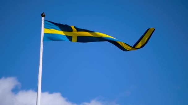 Swedish Flags Waving Wind Flow Blue Sky National Day Celebration — Vídeo de Stock