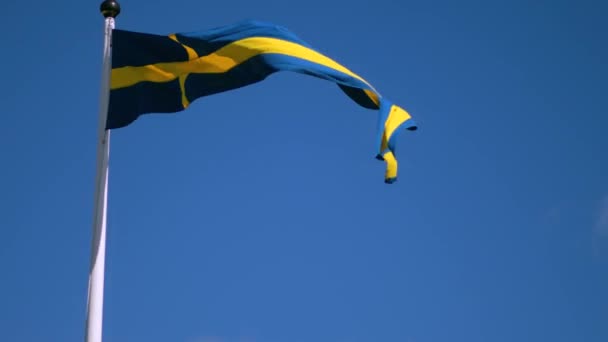 Swedish Flags Waving Wind Flow Blue Sky National Day Celebration — Vídeo de stock