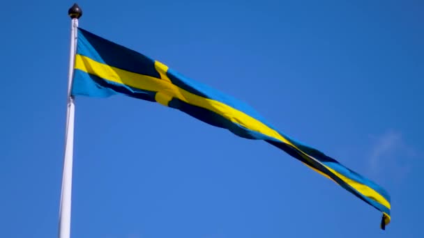 Swedish Flags Waving Wind Flow Blue Sky National Day Celebration — Stockvideo