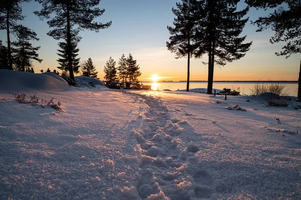 Πανοραμικό Ηλιοβασίλεμα Στον Ορίζοντα Χειμερινό Τοπίο Θαυμάτων Στο Γραφικό Χρυσό — Φωτογραφία Αρχείου