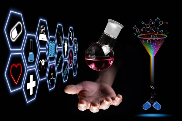 Chemistry round bottom flask dropping on a human scientist hand with black background copy space. Medicinal chemistry red chemical solution and chemical biology. chemisty laboratory and life.